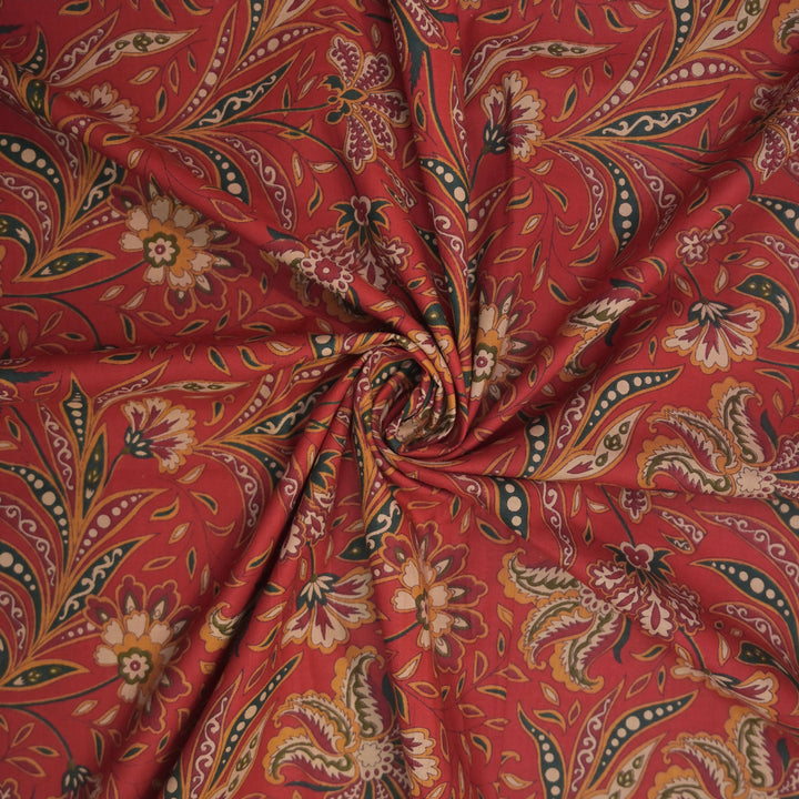 Deep Red Cotton Fabric in allover Floral Print