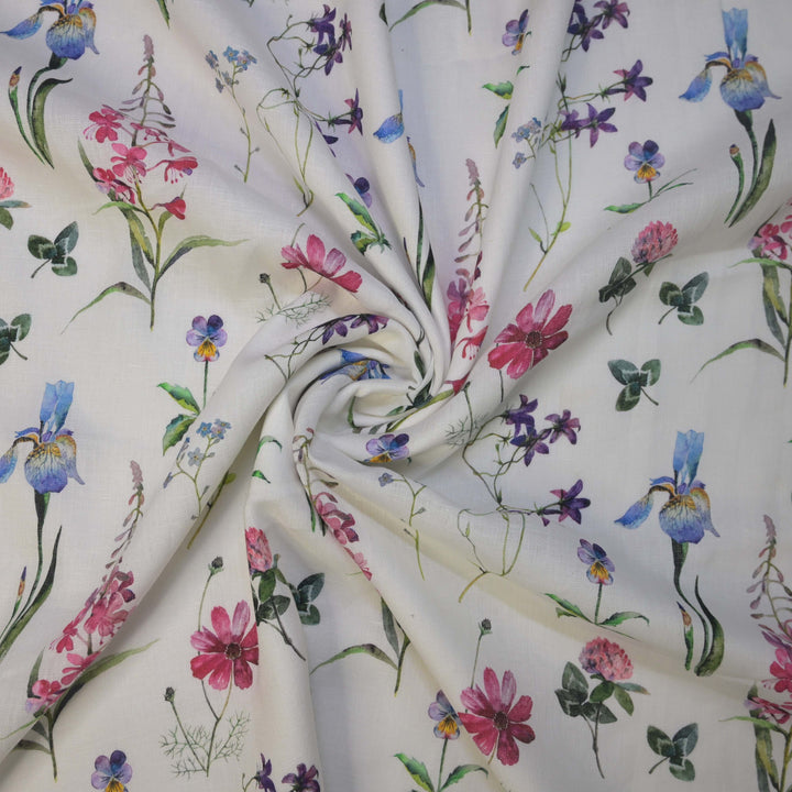 Multicolor Flower Printed Pure Linen Fabric