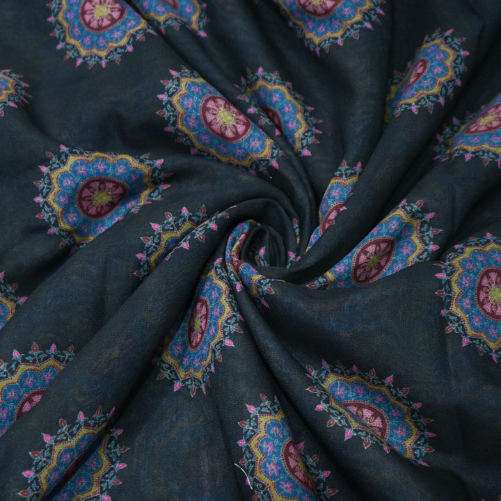 Midnight Black Mandala Print Muslin Fabric
