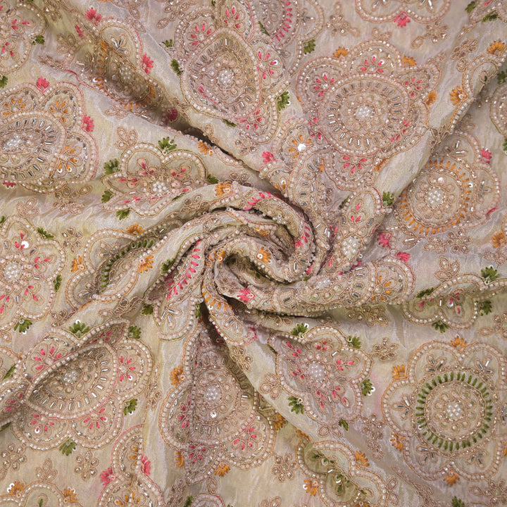 Beige Tissue Fabric with allover Cutdana, Sequins and Threadwork Embroidery