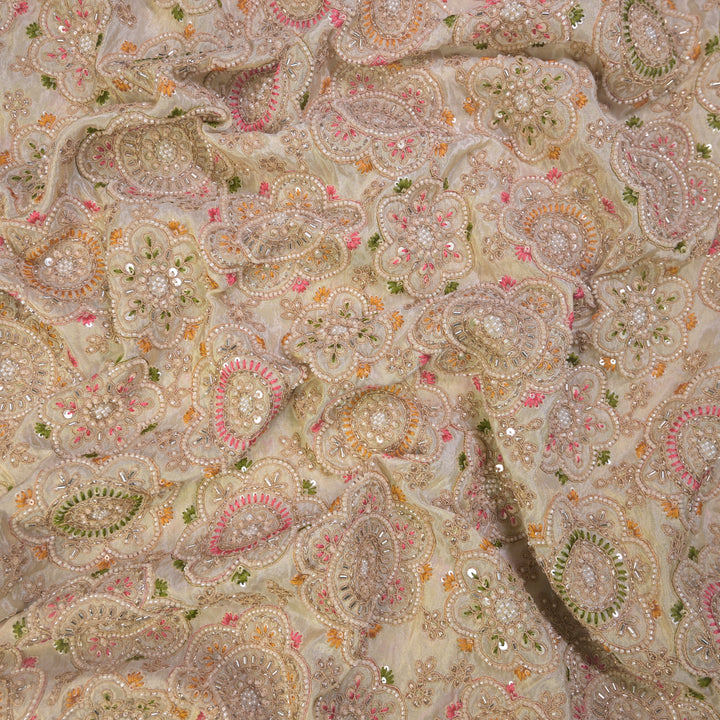 Beige Tissue Fabric with allover Cutdana, Sequins and Threadwork Embroidery