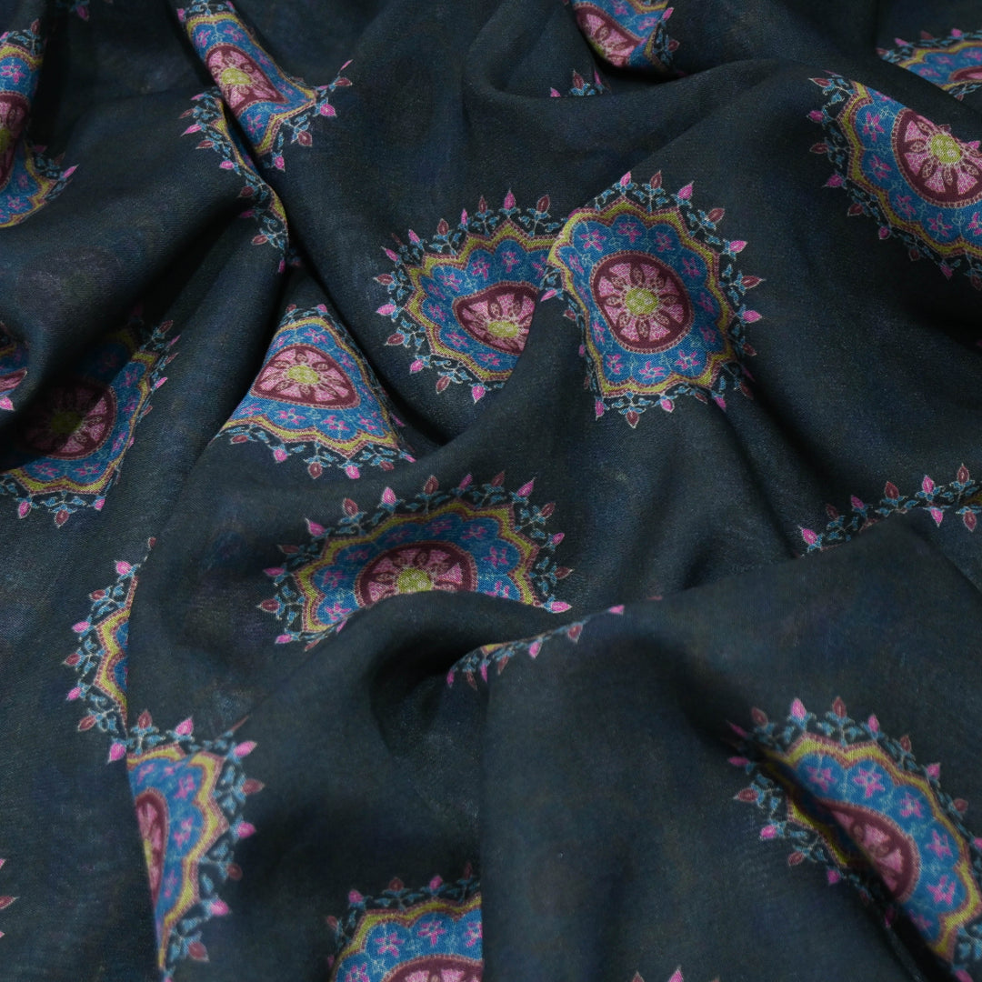 Midnight Black Mandala Print Muslin Fabric