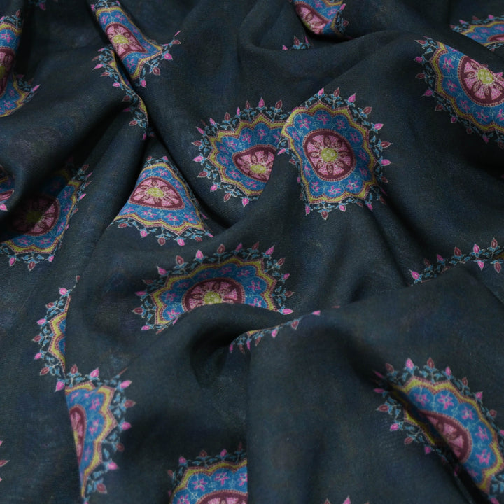 Midnight Black Mandala Print Muslin Fabric