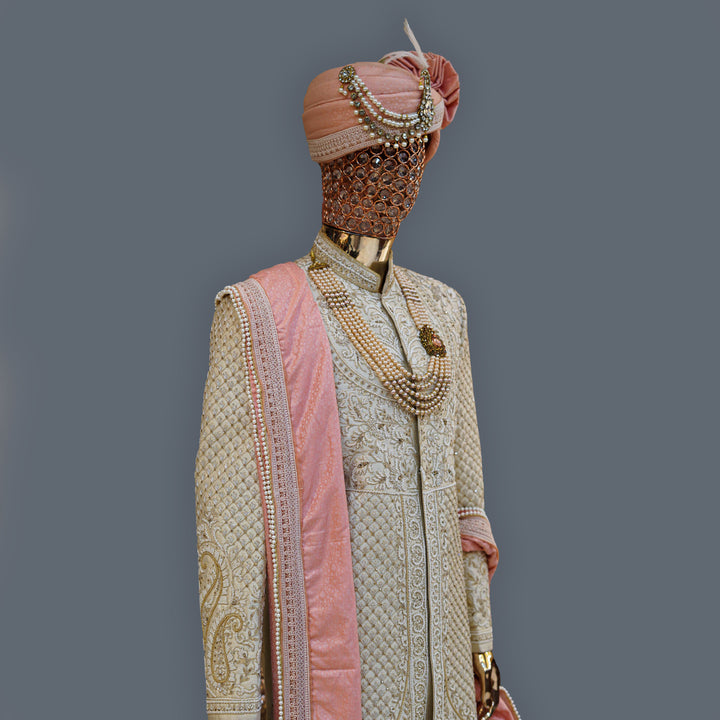 Butter Cream Raw Silk Sherwani Set with Pearl & Cutdana Handwork Embroidery