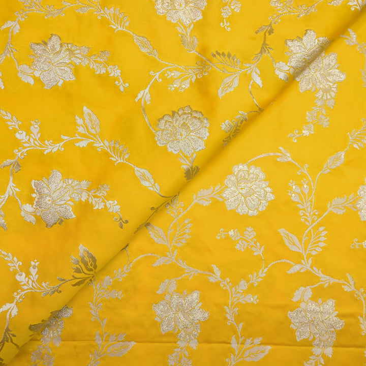 Yellow Satin Brocade with allover Floral Embroidery