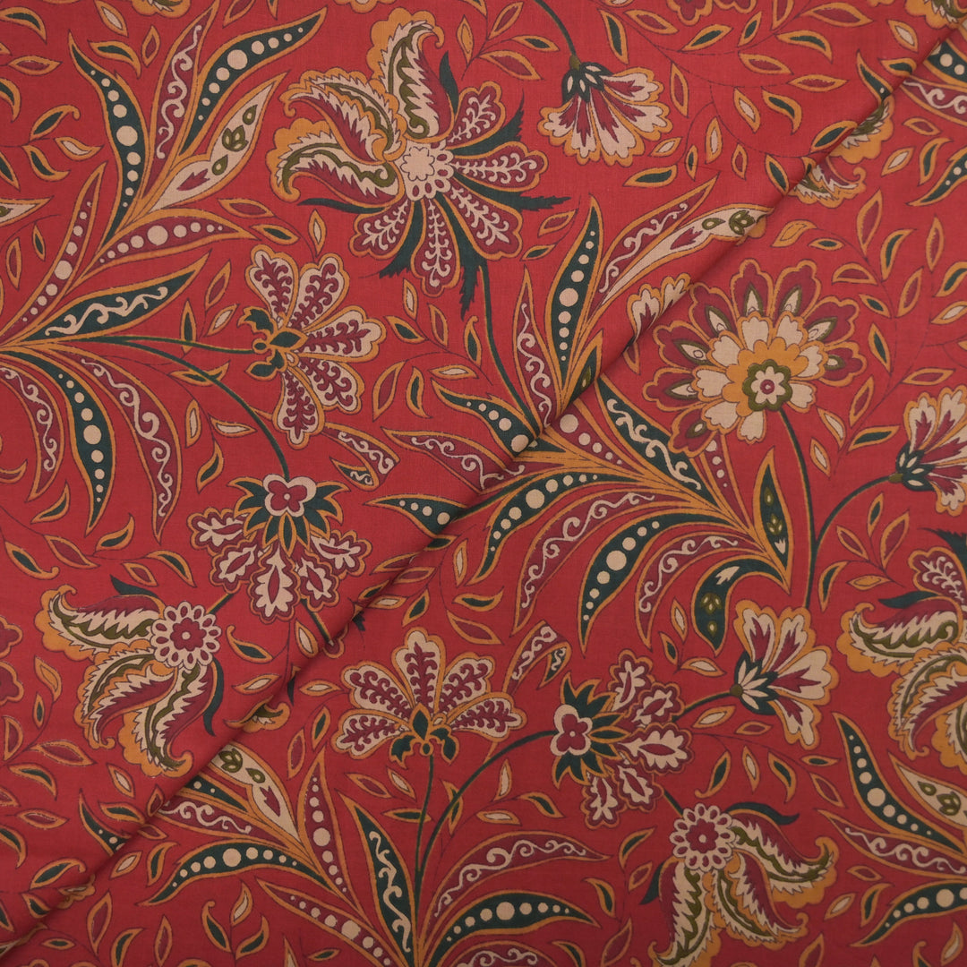 Deep Red Cotton Fabric in allover Floral Print