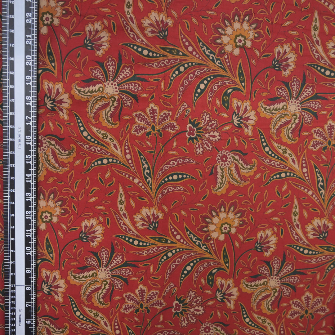 Deep Red Cotton Fabric in allover Floral Print
