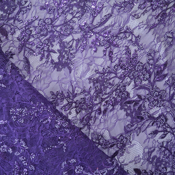 Designer royal purple Net Embroidery Fabric with silver Sequins Embroidery.
