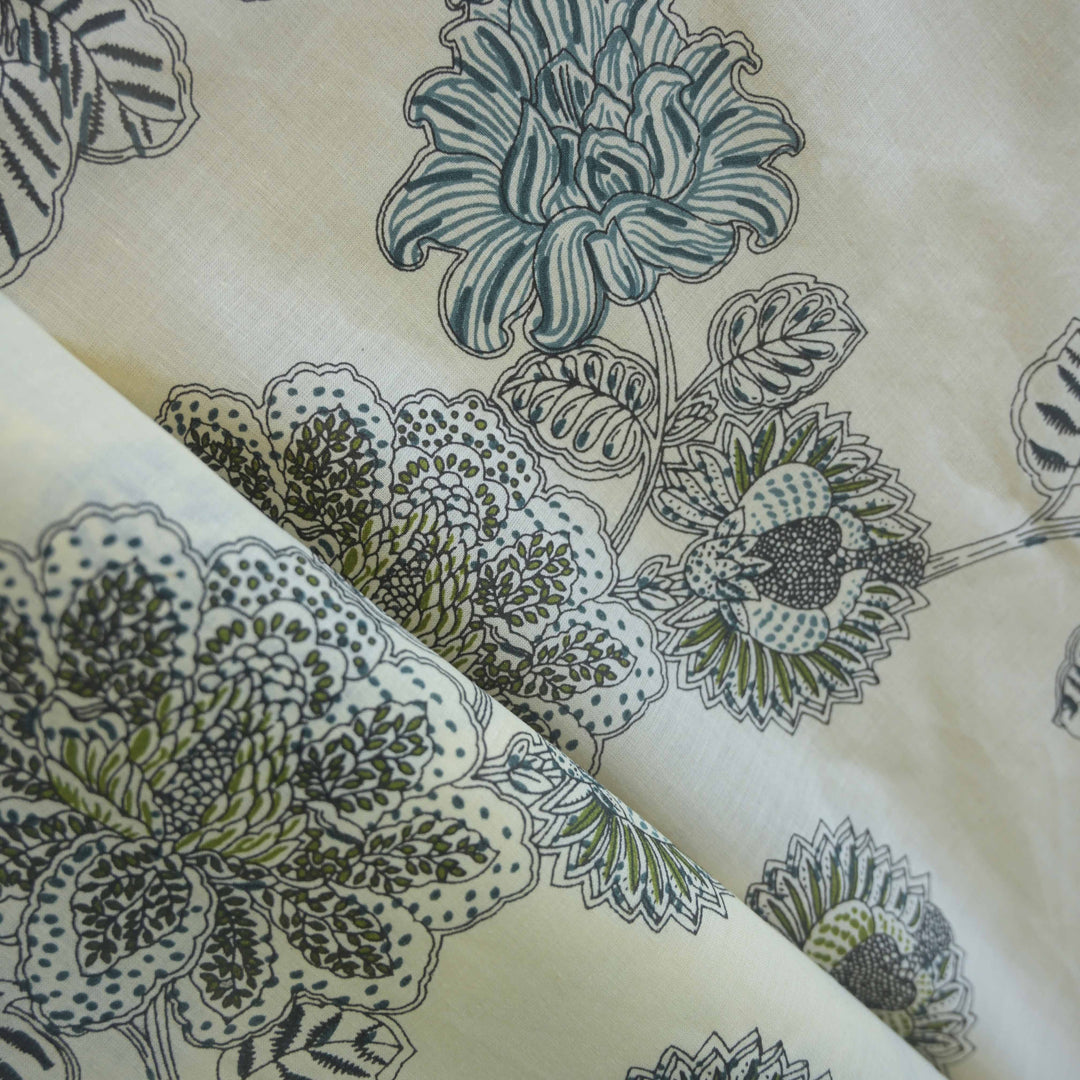 White Cotton Fabric with Bagru Floral Print