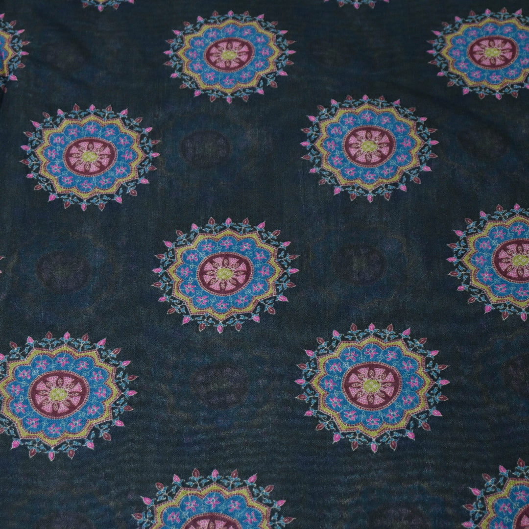 Midnight Black Mandala Print Muslin Fabric