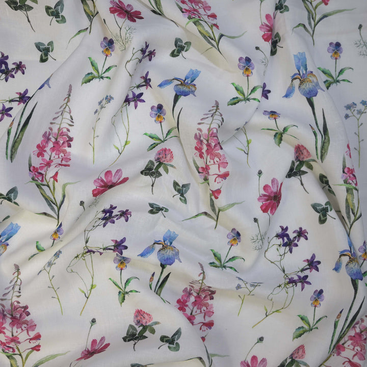 Multicolor Flower Printed Pure Linen Fabric