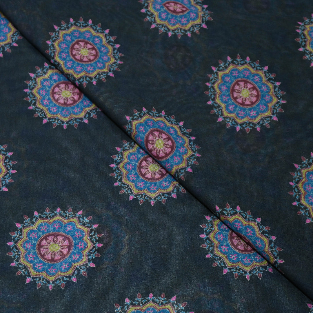 Midnight Black Mandala Print Muslin Fabric