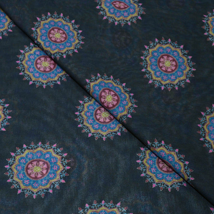 Midnight Black Mandala Print Muslin Fabric
