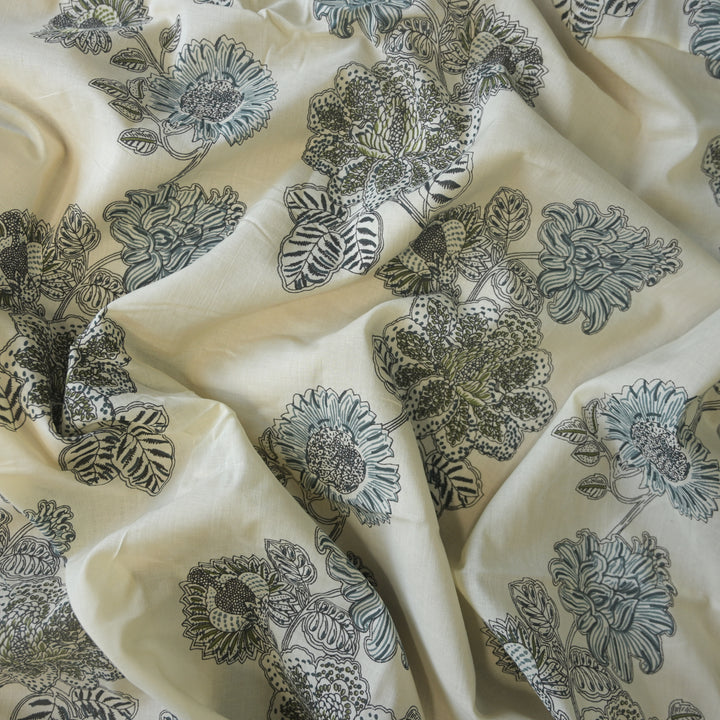 White Cotton Fabric with Bagru Floral Print