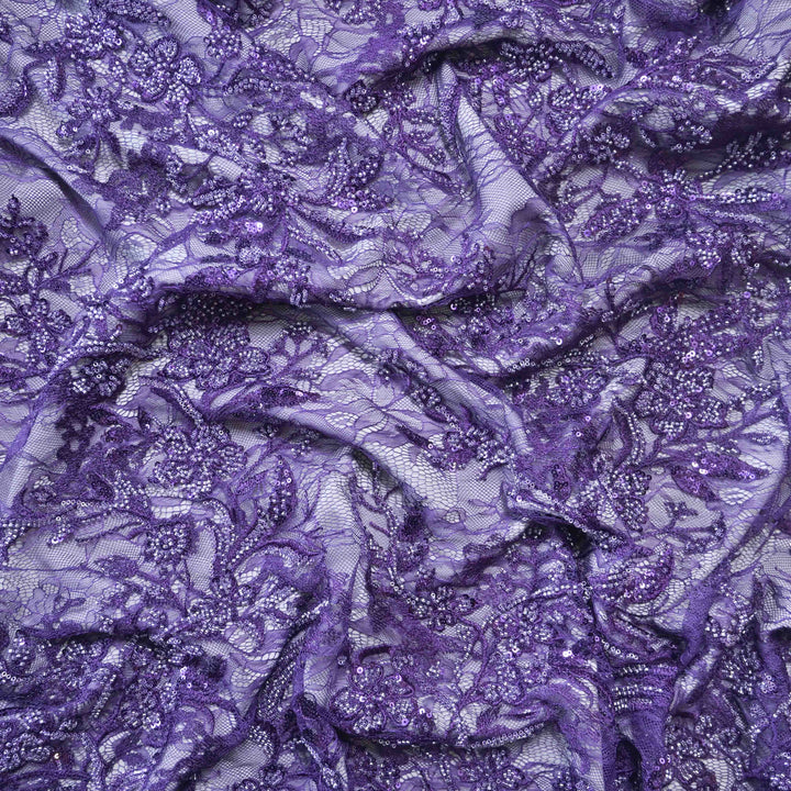 Designer royal purple Net Embroidery Fabric with silver Sequins Embroidery.