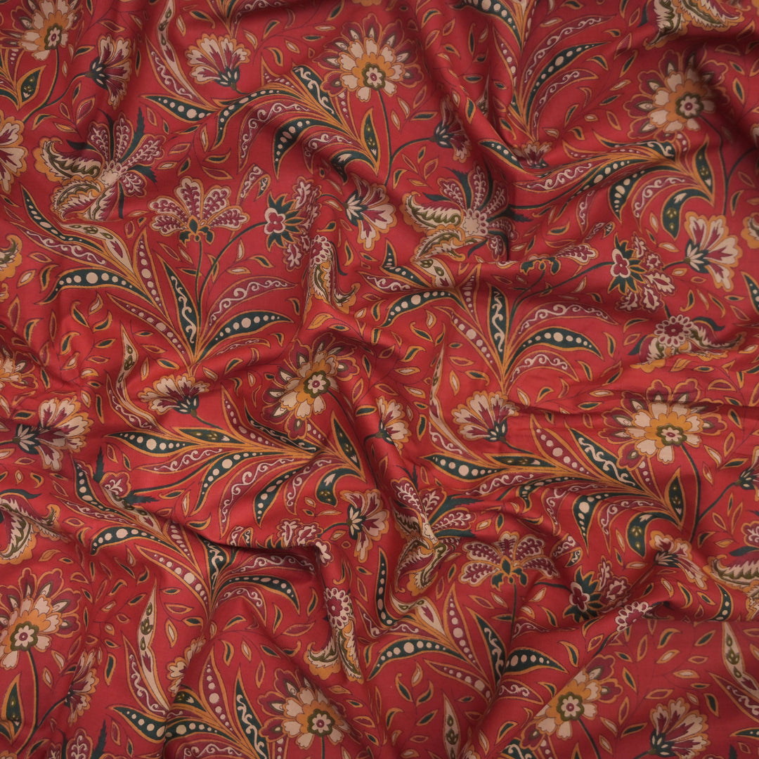 Deep Red Cotton Fabric in allover Floral Print