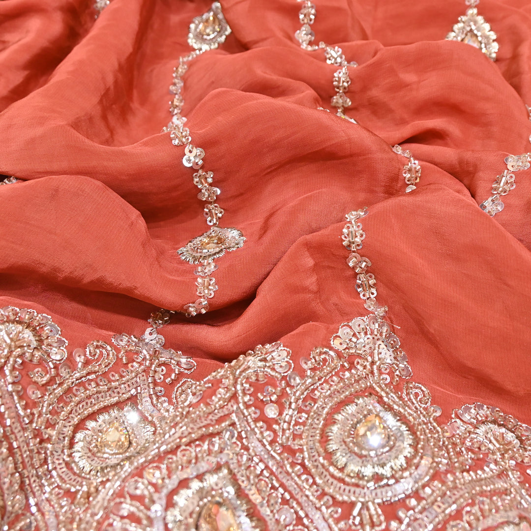 Orange Crepe Fabric with Zari, Cutdana & Sequins Embroidery
