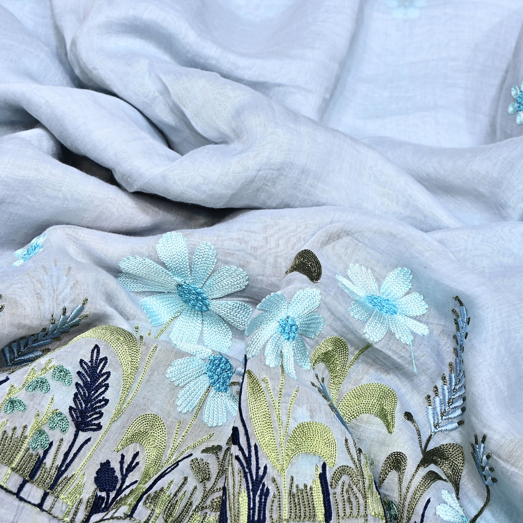 Mul Chanderi Floral Thread Embroidery Fabric – Soft Breathable Designer Fabric- V1659C-1