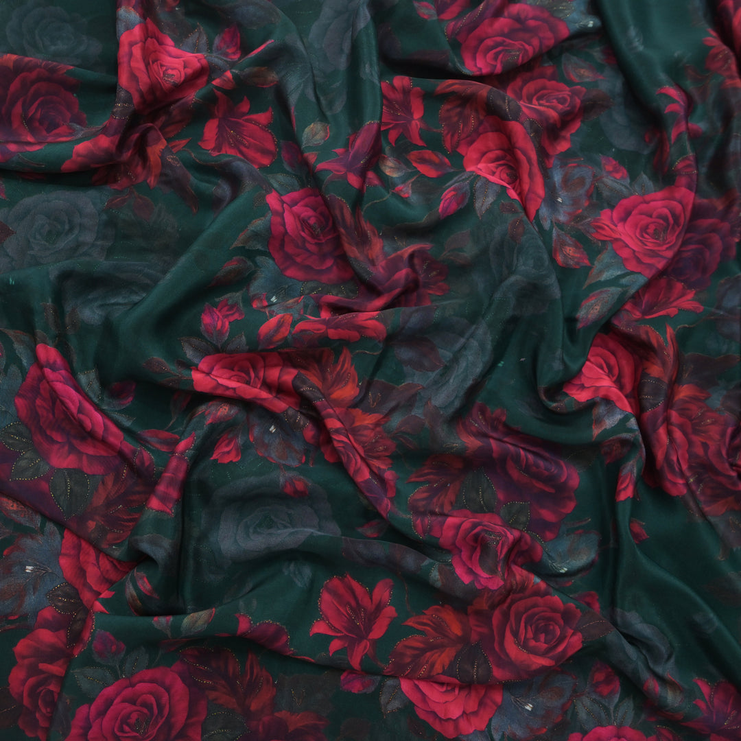 Dark Green Floral Printed Crepe Fabric | 30-2691G