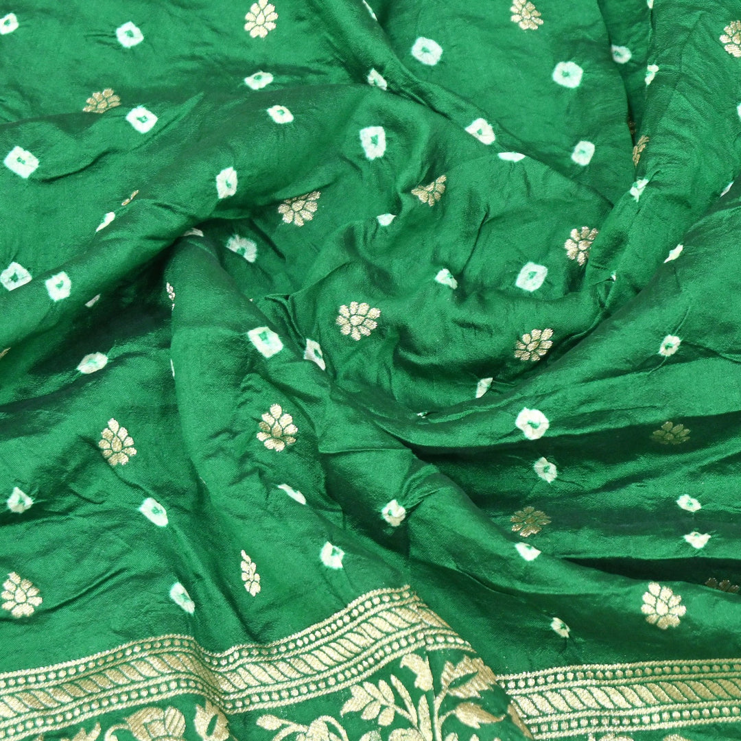 Exclusive Heavy Zari Botti Work And Premium Border Hand Work On Pure Silk Bandhani Fabric