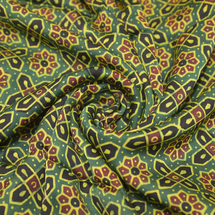 Bottle Green Modal Satin Fabric in Pattern Digital Print
