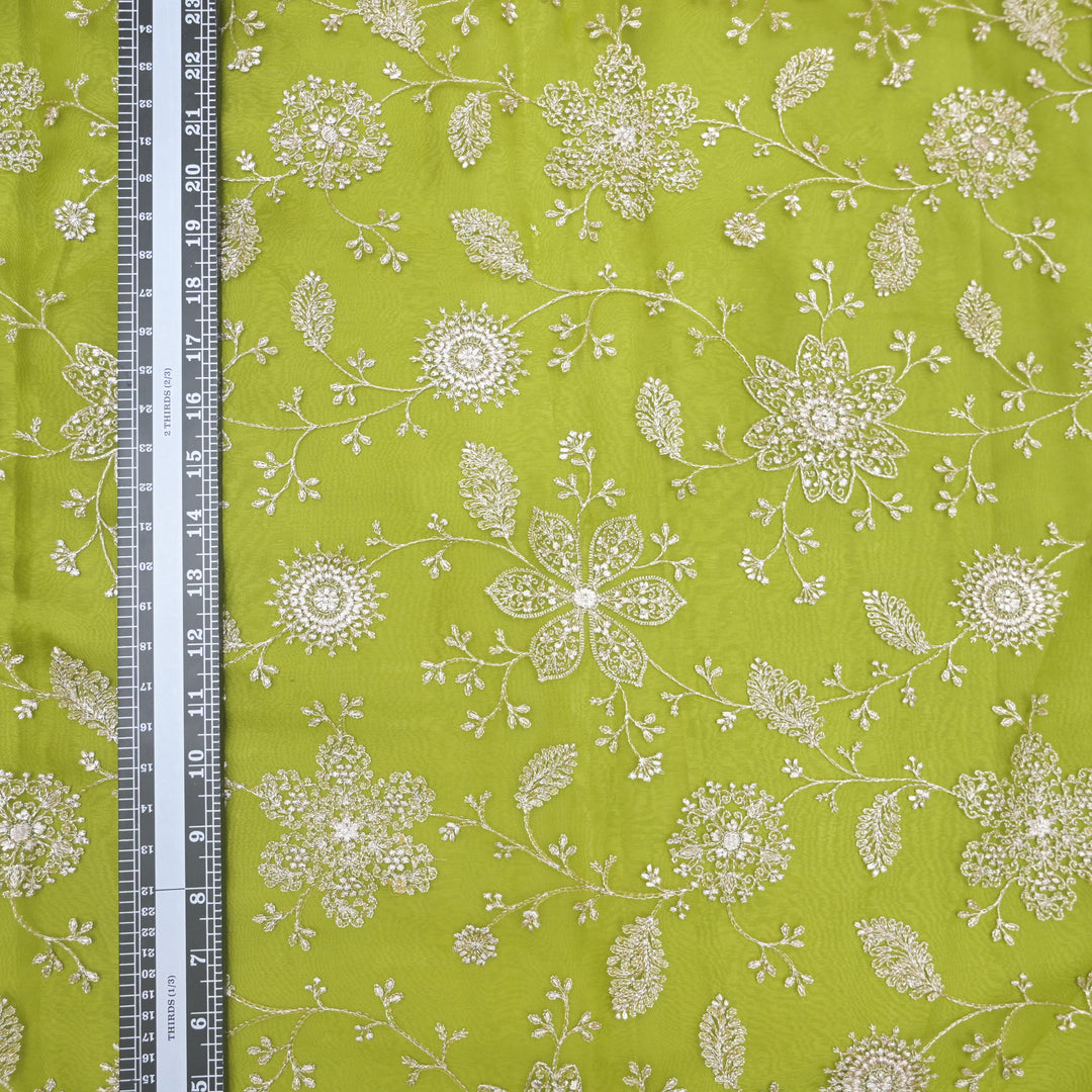 Parrot Green Pure Organza Fabric with Threadwork Embroidery