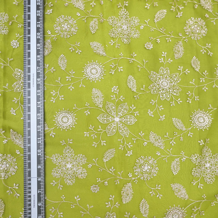 Parrot Green Pure Organza Fabric with Threadwork Embroidery