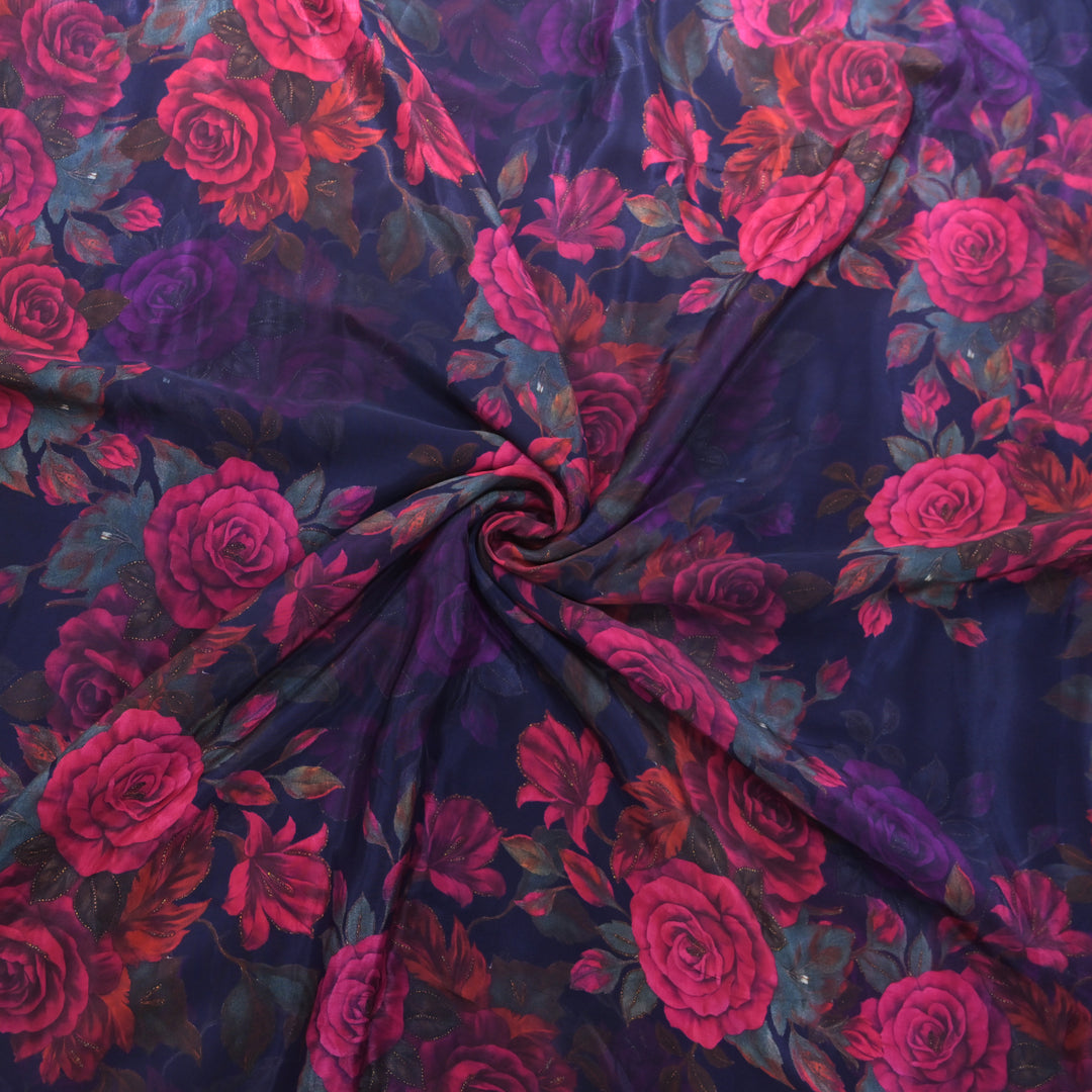 Navy Blue Floral Printed Crepe Fabric | 30-2691NB