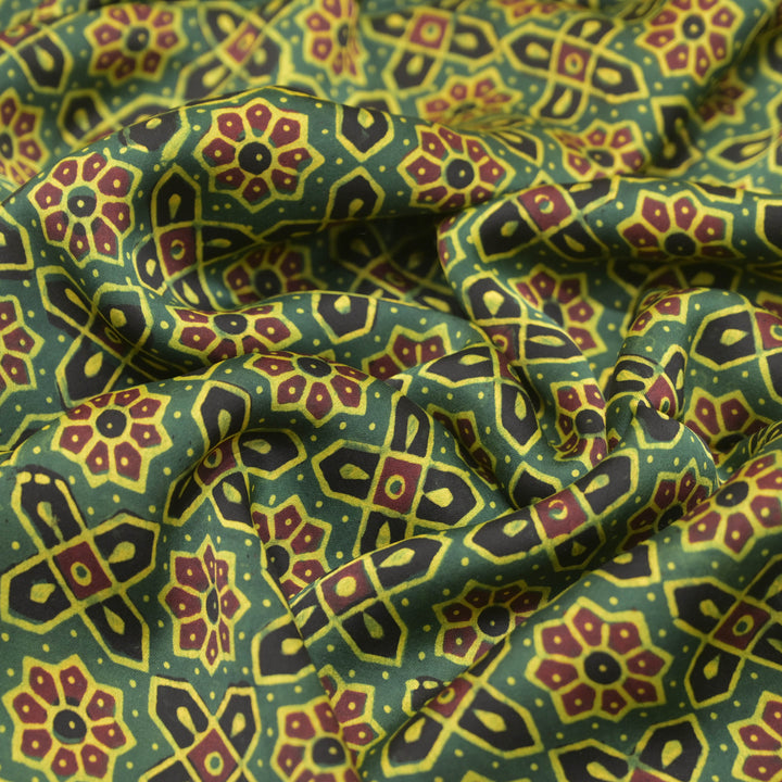 Bottle Green Modal Satin Fabric in Pattern Digital Print