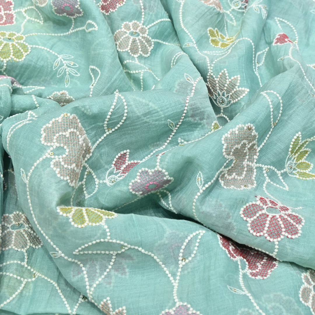 Mul Chanderi Floral Embroidery Fabric  – Lightweight Designer Summer Fabric GT0031-01