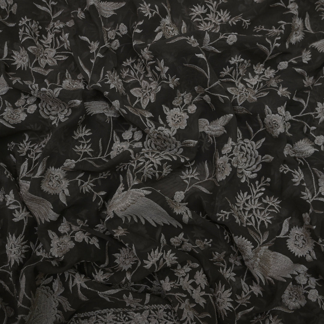 Black (Jet Black) Georgette with White Thread Embroidery | GGT-7587