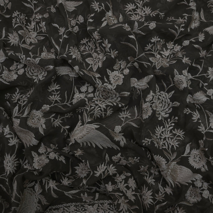 Black (Jet Black) Georgette with White Thread Embroidery | GGT-7587