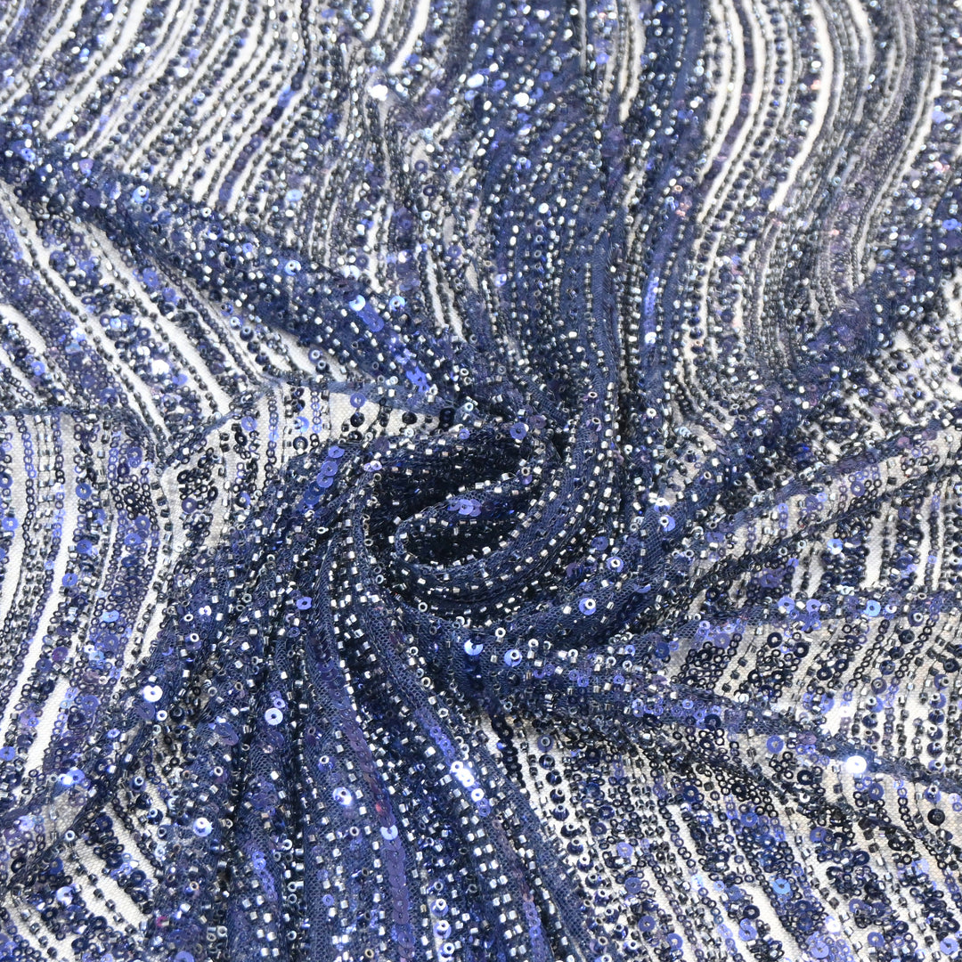 Navy Blue Color Luxury Imported Heavy Cut Dana & Sequins Embroidered Net Designer Fabric ED1533-1A
