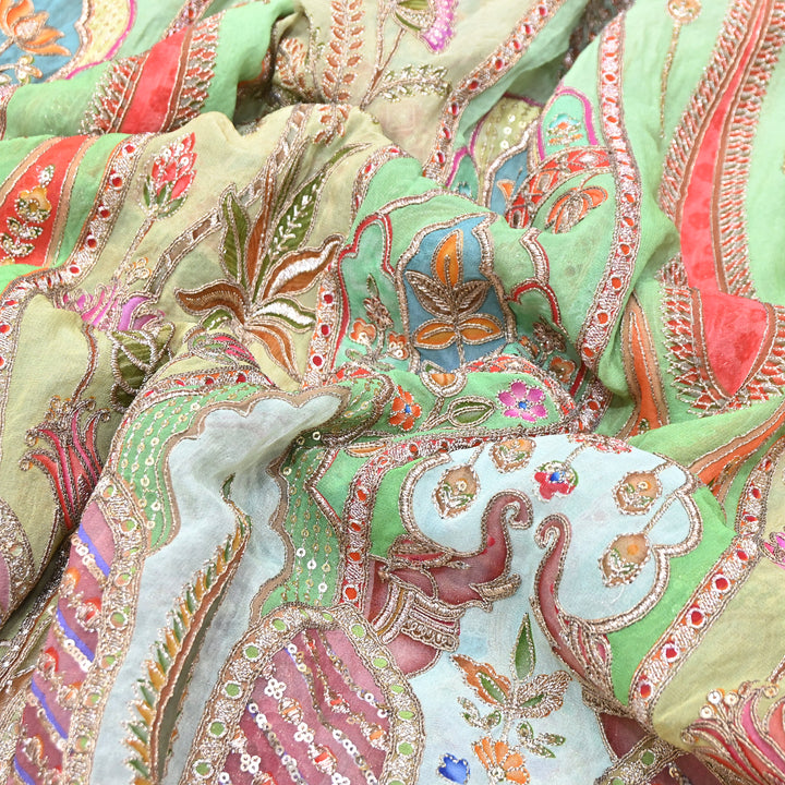 Premium Viscose Georgette Position Print Fabric With Zari Sequence Embroidery - Designer Ethnic Fabric-00P300-1