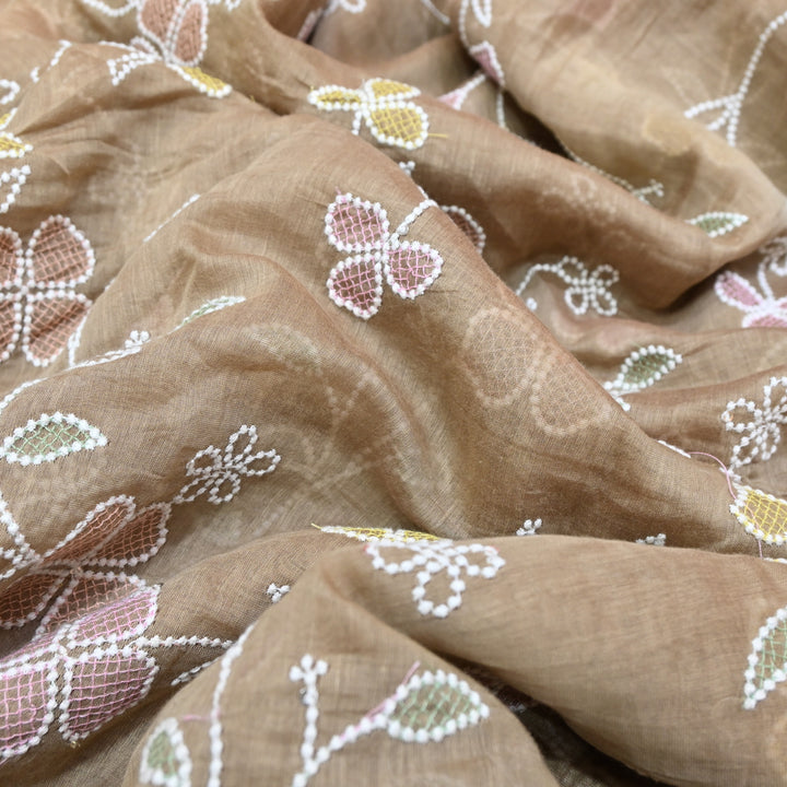 Sand Beige Premium Dyed Mul Chanderi With Thread Embroidery Fabric