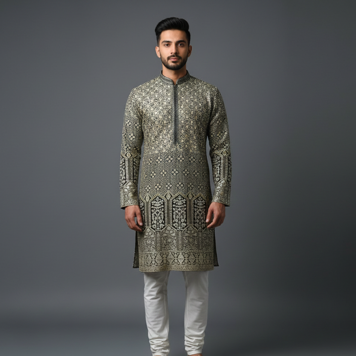Golden All Over Embroidery Georgette Kurta Set