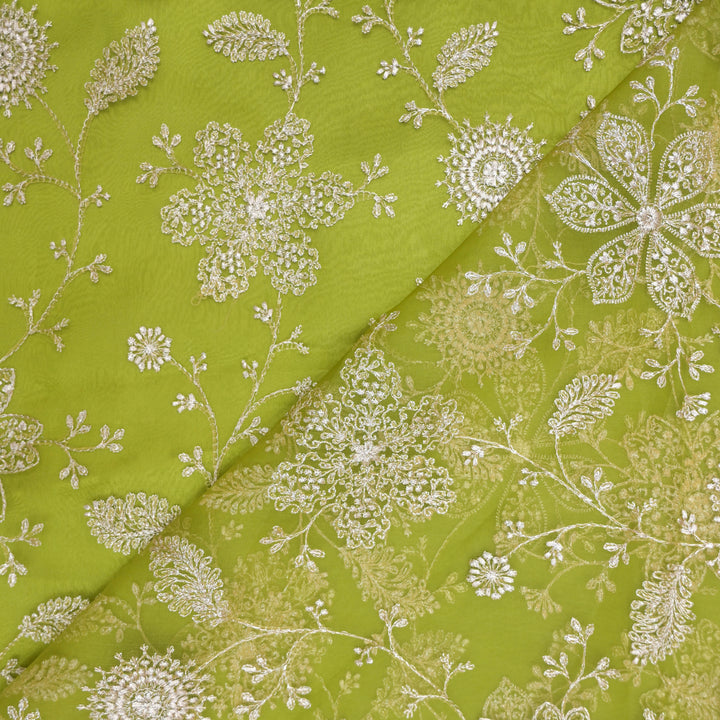Parrot Green Pure Organza Fabric with Threadwork Embroidery