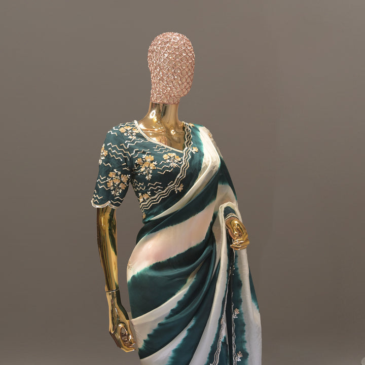 Bottle Green Leheriya Crepe Saree with Raw Silk Blouse