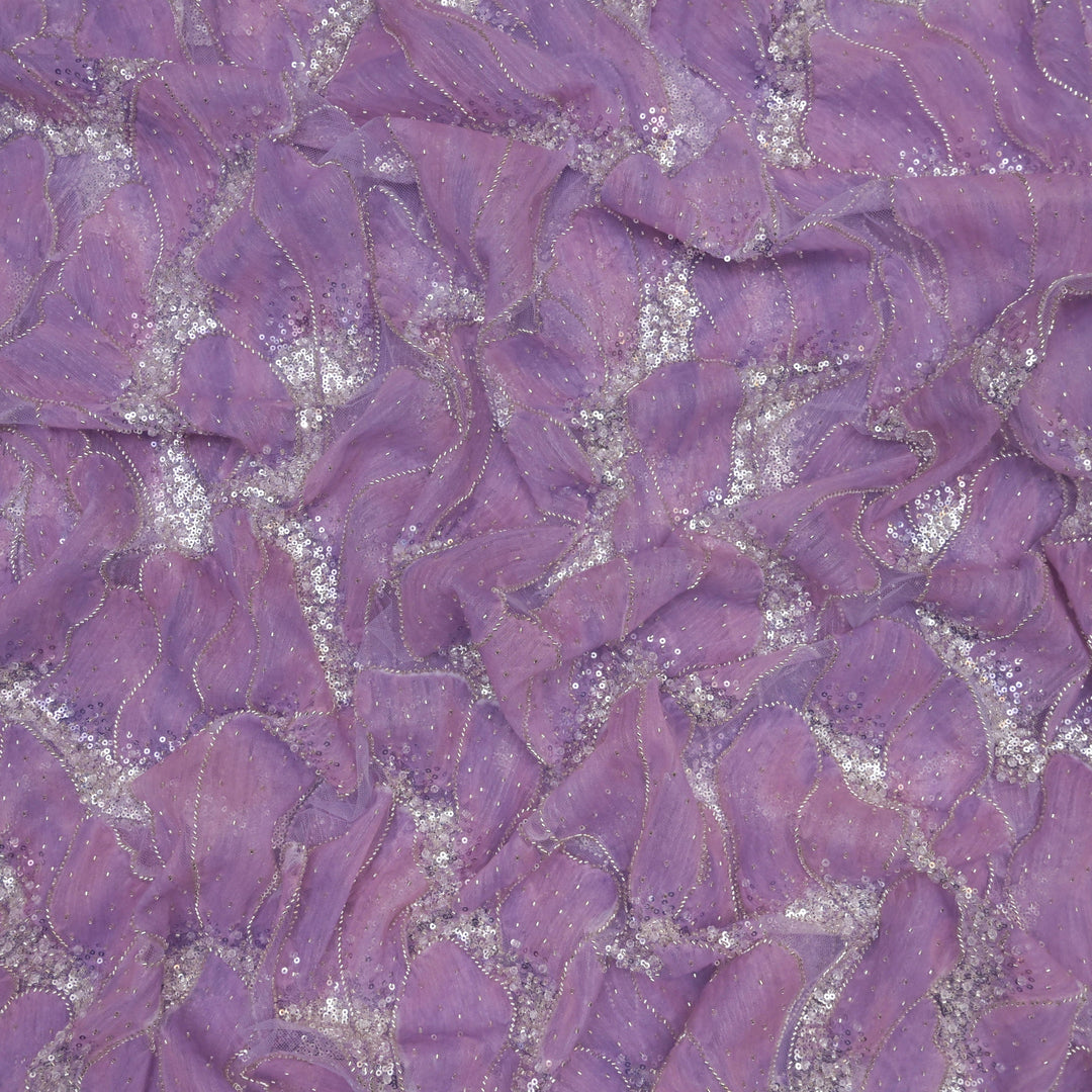 Designer Lavender Net Embroidery Fabric with Silver Sequins Embroidery