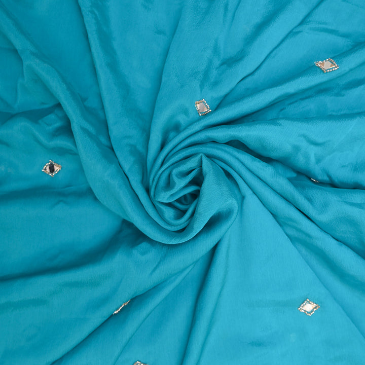 Blue Chinon-Chiffon Fabric with Mirrorwork Embroidery