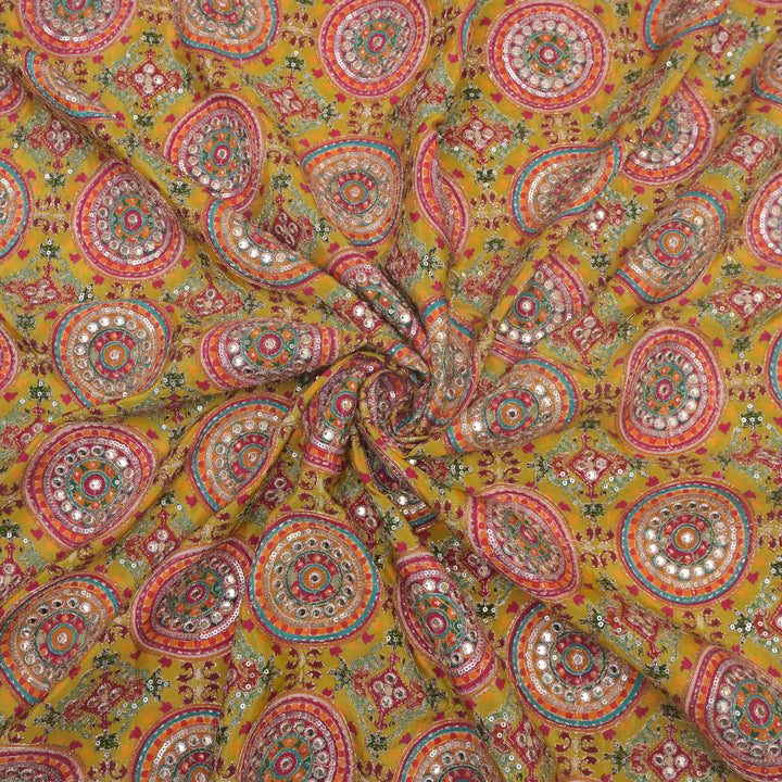 Yellow Post Print Crepe Fabric with Zari & Sequins Embroidery