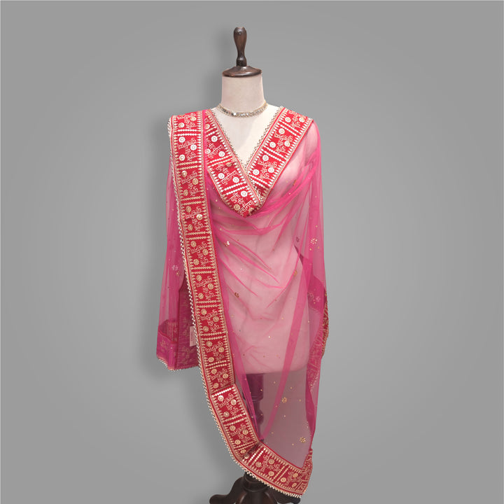 Pink Bridal Net Dupatta with Stone & Butti Embroidery