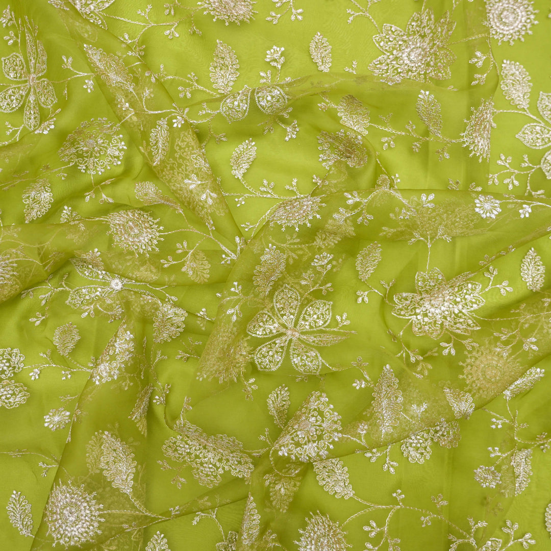 Parrot Green Pure Organza Fabric with Threadwork Embroidery