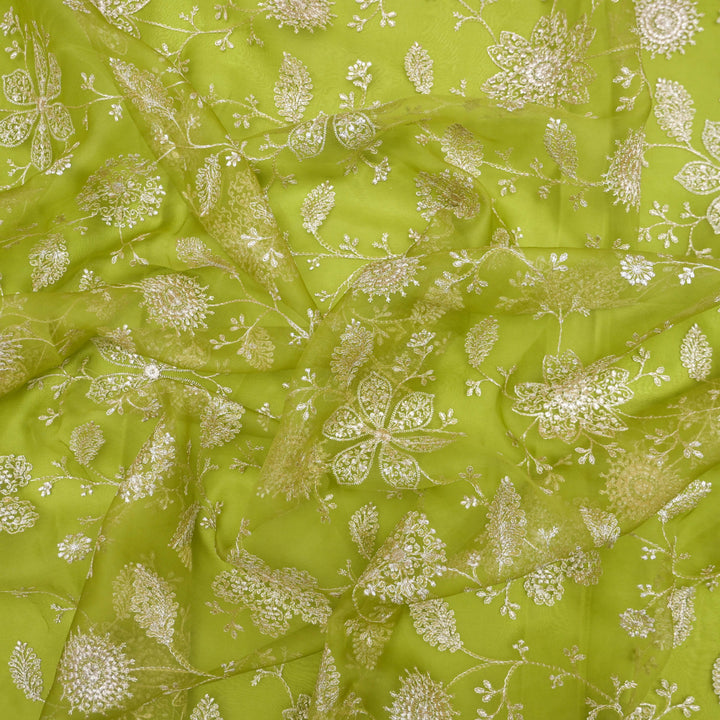 Parrot Green Pure Organza Fabric with Threadwork Embroidery
