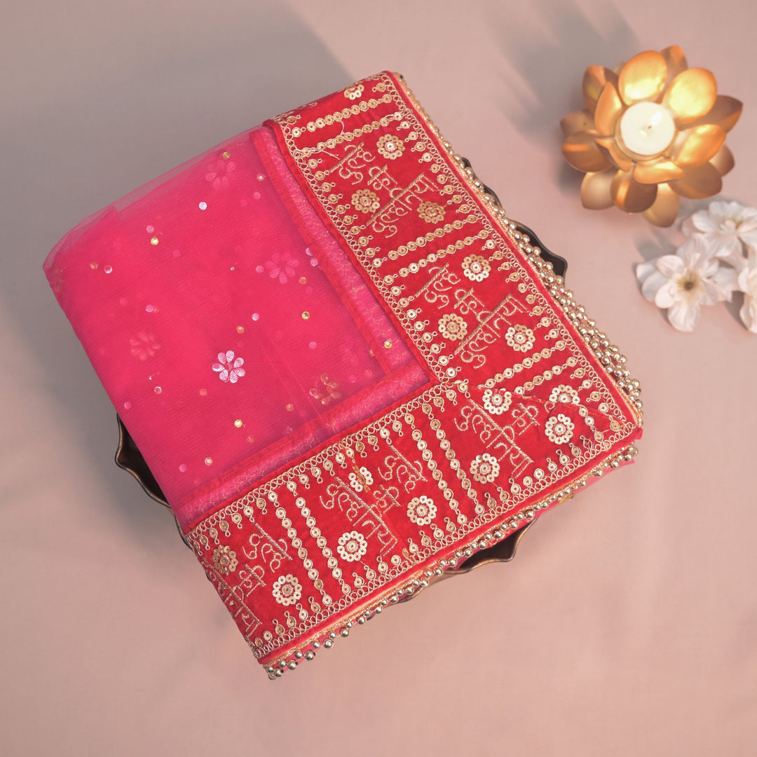 Pink Bridal Net Dupatta with Stone & Butti Embroidery