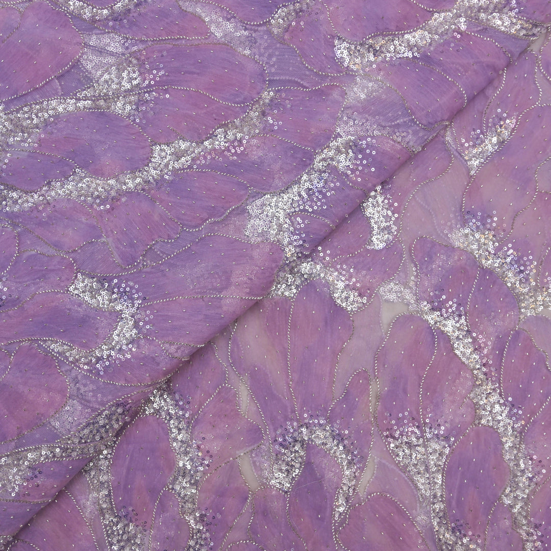 Designer Lavender Net Embroidery Fabric with Silver Sequins Embroidery