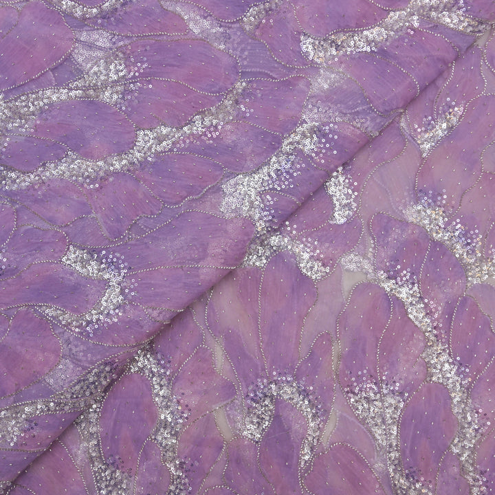 Designer Lavender Net Embroidery Fabric with Silver Sequins Embroidery