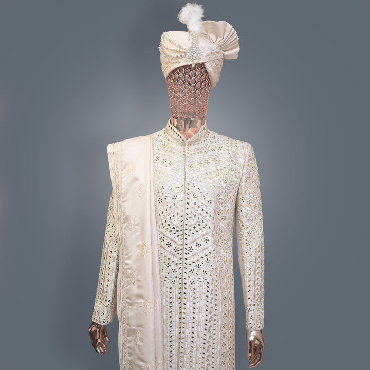 Ivory Sherwani Set with allover Cutdana & Mirrorwork Embroidery | Premium Wedding & Groom wear