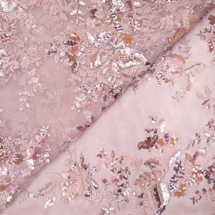 Baby Pink Net Fabric with allover Cutdana, Sequins Embroidery