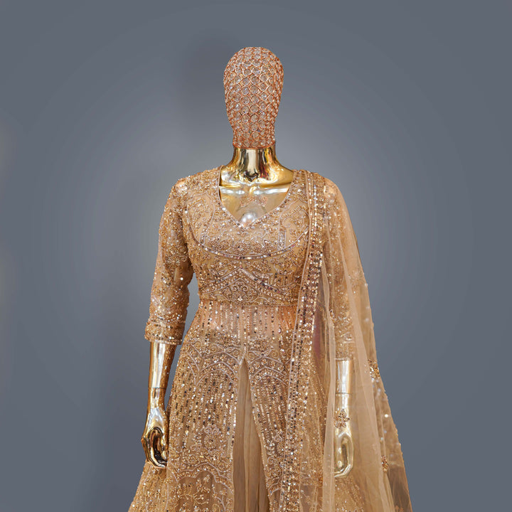 Metallic Beige Bridal Lehenga Dress with Heavy Zari, Sequins and Hand Embroidery